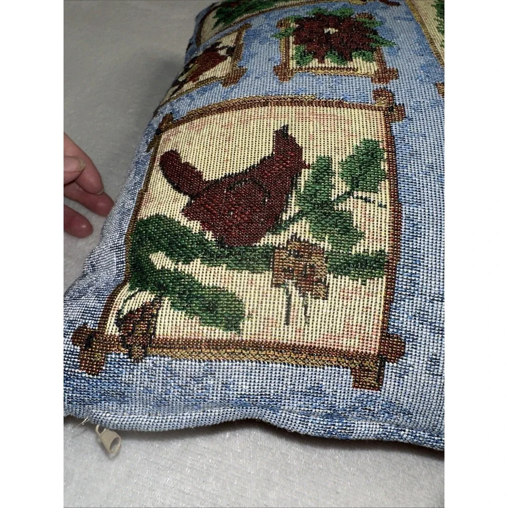 Holiday Tapestry Pillow Festive Christmas‎ Wreath Tree & Cardinal 14.5 X 14.5